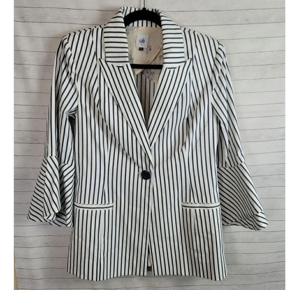 CAbi Ticking Stripe Bell-sleeve Blazer in Black/White, sz 4